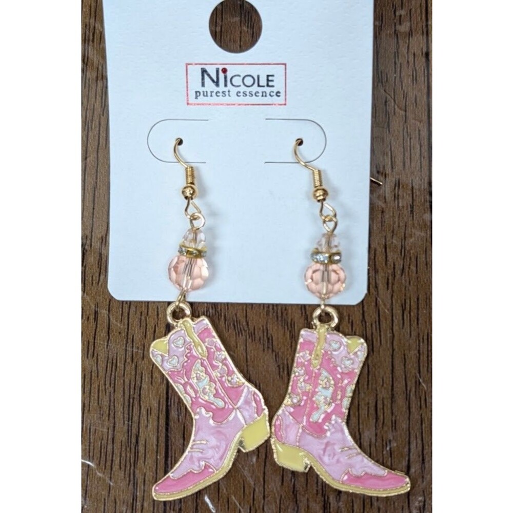 Nicole Purest Essence Pink Acrylic Beaded Boot Drop Earrings Cowgirl